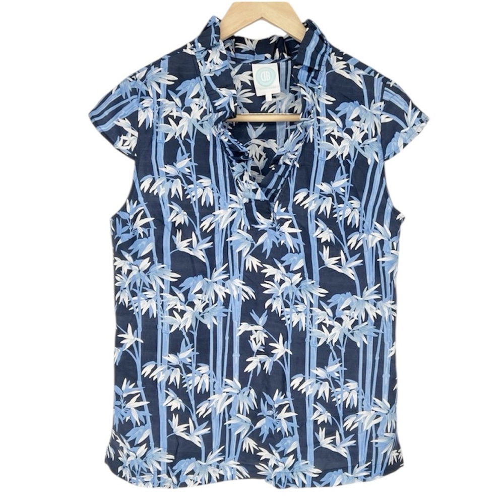 Devon Baer Silk Cap Sleeve Ruffle Blue Tropical‎ Floral Print Blouse Top